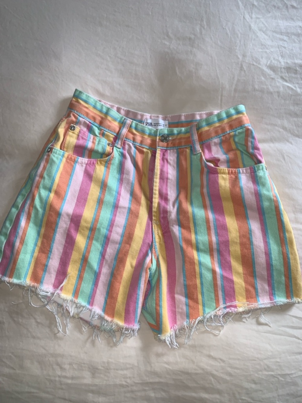 ZARA Striped Pastel High-Waist Denim Shorts